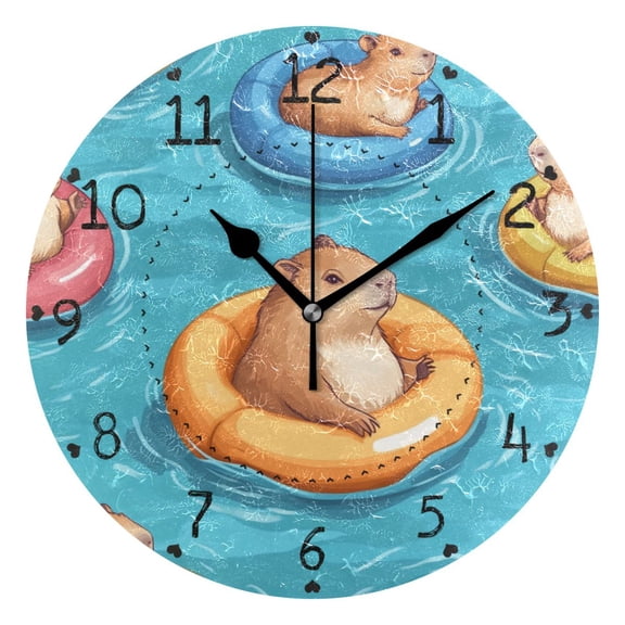 Cartoon Capybaras with Swimming Circles Round Wall Clock Silent Analog Battery Operated Black Pointer Home Decor 9.84" Diameter