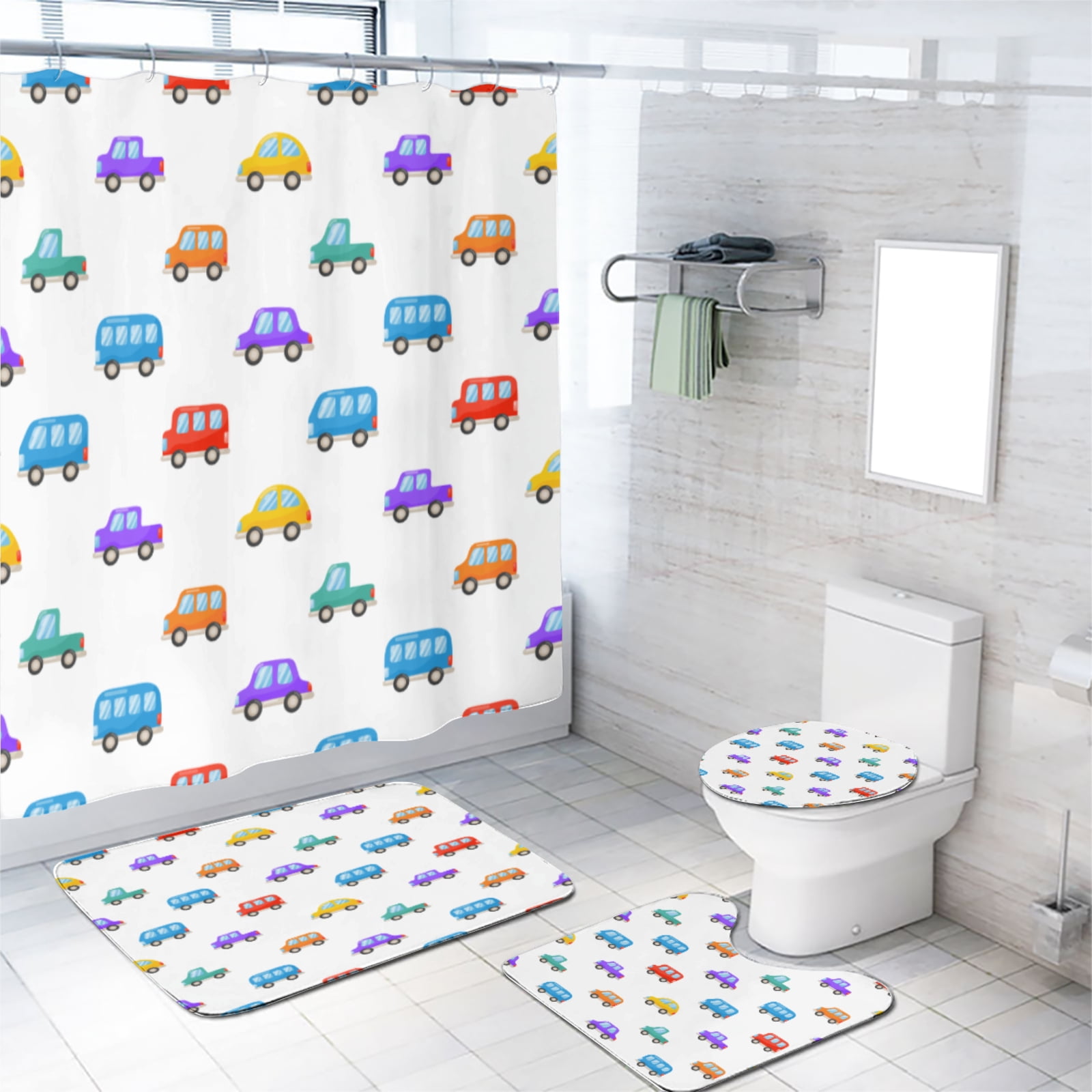 Cartoon Car 4 Pcs Shower Curtain Set Bus Truck Train for Kids Boys Girls with 12 Hooks, Bath Mat Set Bathroom Decor by Durable Waterproof Fabric, 72x72 Inch