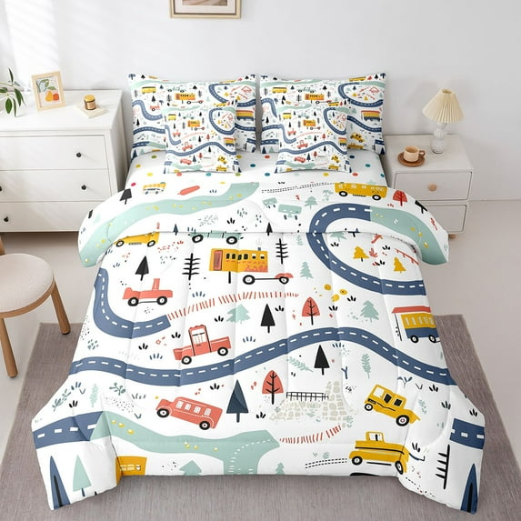 Cartoon Car 7 Pieces Full Comforter Set,Traffic Vehicles Bed in a Bag Comforter & Sheet Set All Season,Bus Bedding Sets with Comforter,Sheets,Pillowcases & Shams