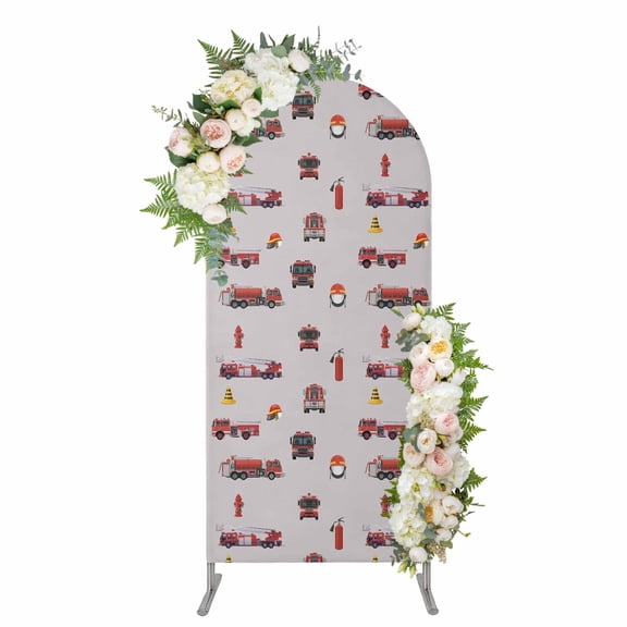 Cartoon Car Arch Backdrop Cover 5FT, Funny Red Black Fire Truck Print Vintage Spandex Fitted Stretchy Arch Stand Covers, Round Top Chiara Backdrop Cover for Wedding Party Birthday Baby Shower