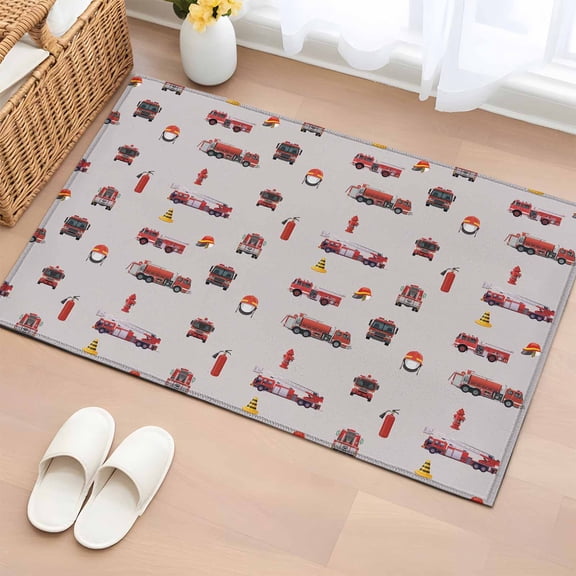 Cartoon Car Bathroom Rug Washable 2x3 Entryway Rug Non Slip Funny Red Black Fire Truck Print Vintage Front Door Mat Low Pile Indoor Doormat Throw Floor Carpet for Kitchen Bedroom Entrance