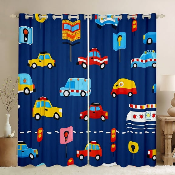 Cartoon Car 30%-50% Blackout Curtains,Transport Vehicles Curtains for Bedroom,Cars Window Curtains,Road Traffic Curtains Drapes,(38Wx45L) 2 Panels