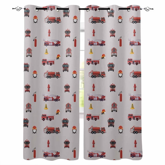 Cartoon Car Blackout Curtains for Bedroom 45 Inch Length 2 Panels Set, Funny Red Black Fire Truck Print Vintage Thermal Insulated Energy Saving Window Treatment Curtains Blackout Drapes 52"x45"