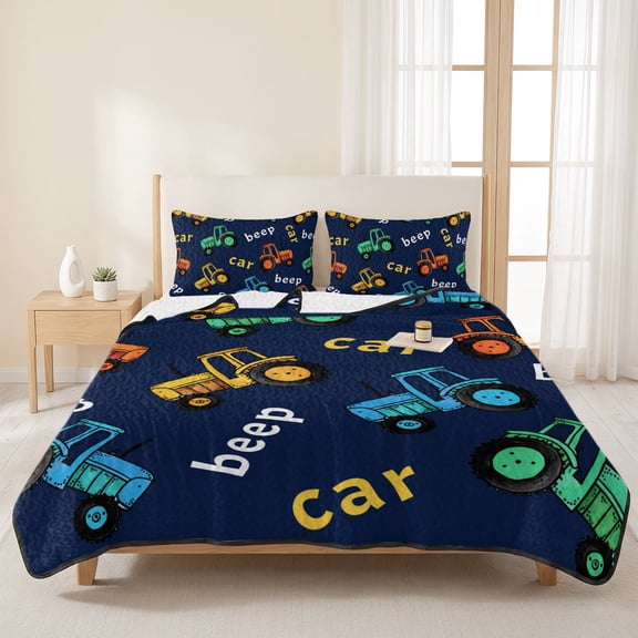 Cartoon Car Blue Green Yellow 3 Pieces Quilt Set,1 Quilt with 2 Shams,Cute Truck Excavator Tractor Bedspread Soft Lightweight Bedding Coverlet Comforter Set for All Season 96"x106"