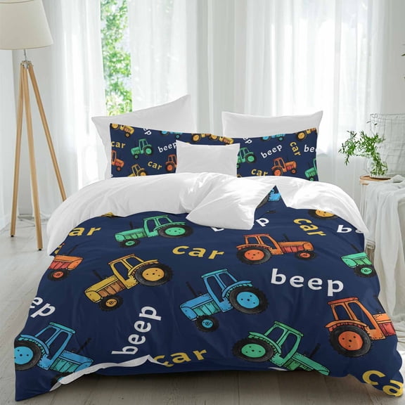 Cartoon Car Blue Green Yellow California King Size Bed Set,Cute Truck Excavator Tractor Bedding for All Seasons,4 Pcs Bed Set with 1 Quiltcover (90"x106"),1 Sheet(94"x116"),2 Pillowcases (19"x35")