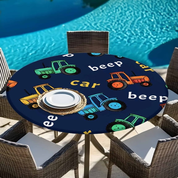 Cartoon Car Blue Green Yellow Round Fitted Tablecloth with Elastic Edge,Waterproof Table Cloth Fits Tables Up to 45"-54",Washable Table Cover for Dinning Party,Cute Truck Excavator Tractor