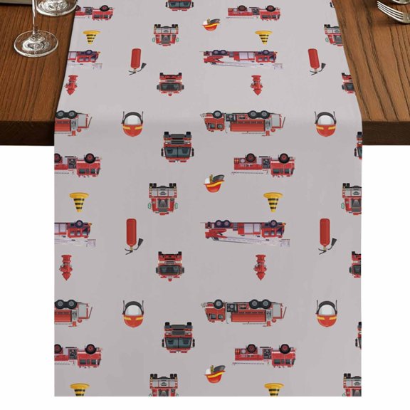 Cartoon Car Burlap Cotton Table Runner 13x72 Inches Long, Funny Red Black Fire Truck Print Vintage Farmhouse Table Runners, Outdoor Dining Tablecloths Decor for Baby Shower/Party/Wedding
