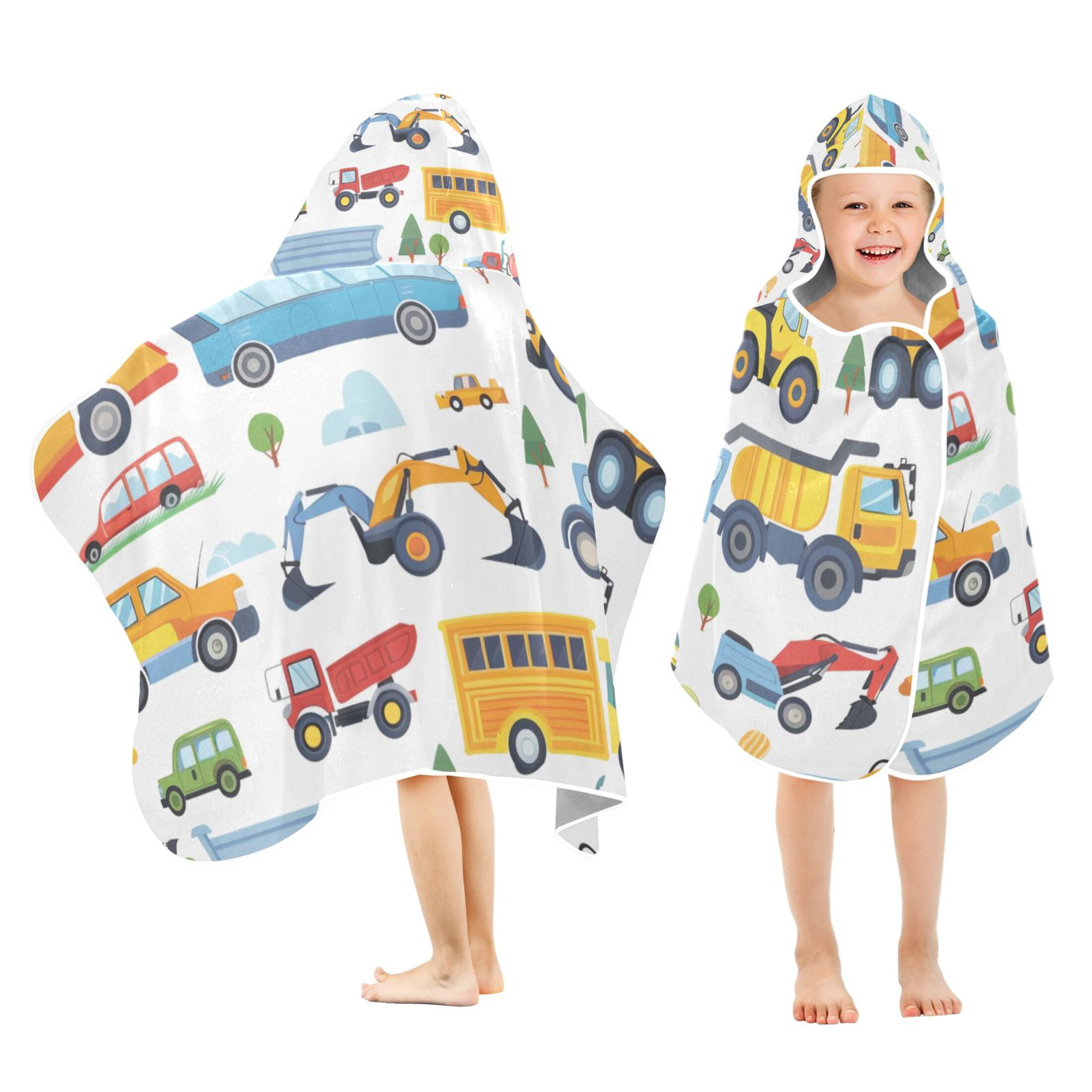 Boys Hooded Beach Towel With Engineering Vehicles - 30x50 Inch Quick-Dry Swim Towel For Kids (Ages 7-10)