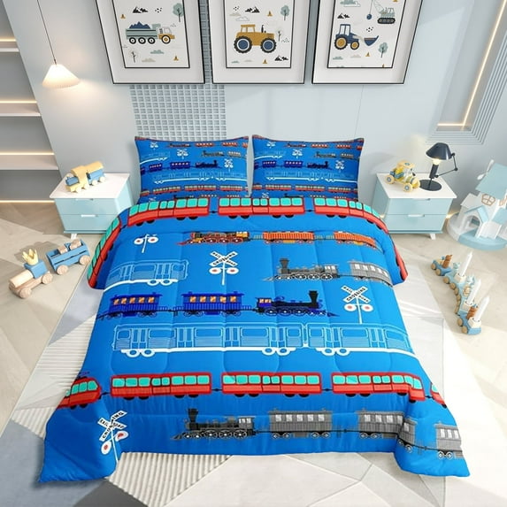 Cartoon Car Comforter Set Vintage Car Comforter Train Bedding Set Bedroom Decor Retro Steam Train Blue Light Sign Duvet Set Quilt