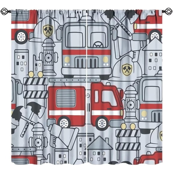 Cartoon Car Curtains, Firemen Trucks Kids Curtain Fire Engine Elements Print Blackout Window Treatments for Boys Teens Bedroom Living Room, 84x84in