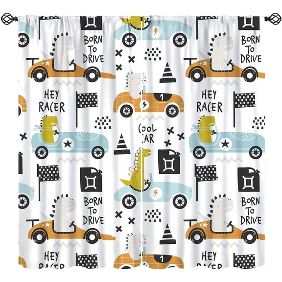 Cartoon Car Dinosaur Kids Curtains, Race Cute Truck Car Themed Kawaii Print Blackout Window Treatments Drapes for Boys Girls Children Teens Bedroom Living Nursery 84" W X 84" L