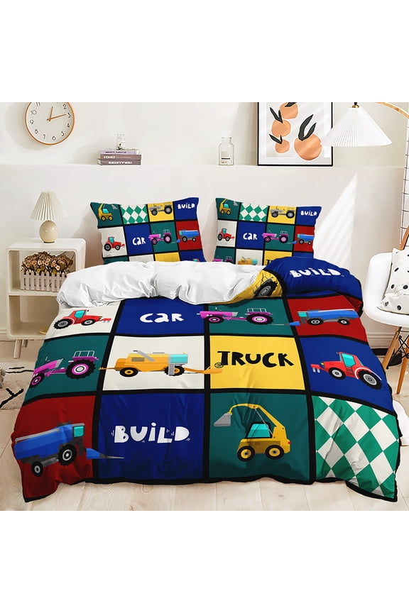 Cartoon Car Duvet Cover Construction Machinery Truck Comforter Cover Set Kids Home Decor Blue and Green Plaid Quilt Cover with 1 Comforter, 2 Pillowcases Twin 68x86inches