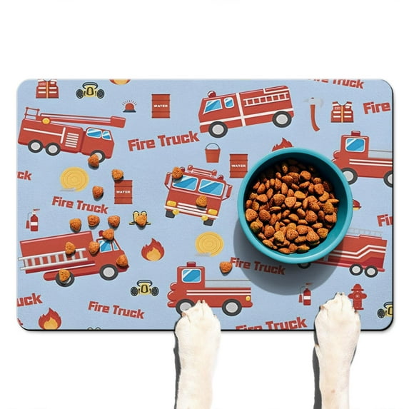 Cartoon Car Fire Truck Pet Feeding Mat, Absorbent Waterproof NonSlip