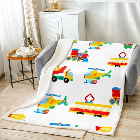 Cartoon Car Fleece Blanket Users Construction Plush Blanket for Bed Sofa Couch Cute Train Aircraft Sherpa Blanket Breathable Airplane Print Construction Vehicles Fuzzy Blanket Room Decor 40"x50"