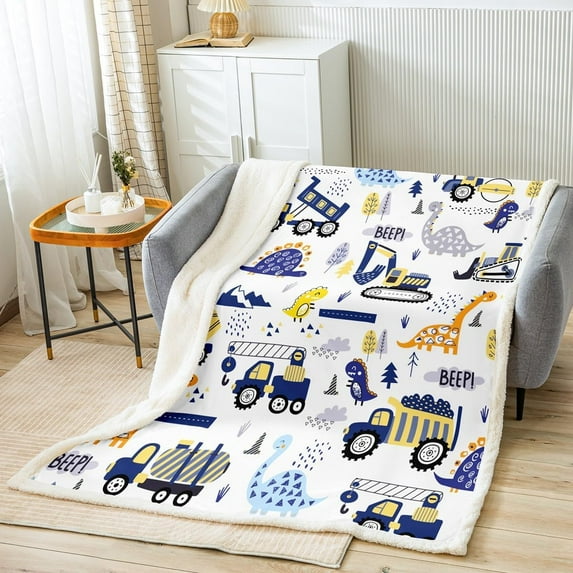 Cartoon Car Fleece Throw Blanket for Boys Toddler Kids Construction Dinosaur Sherpa Blanket Equipment Trucks Fuzzy Blanket for Sofa Cute Vehicles Kawaii Dino Decor,Yellow Blue,Twin 60x80 Inches