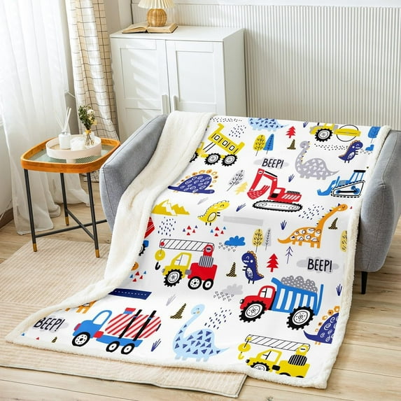 Cartoon Car Fleece Throw Blanket for Boys Toddler Kids Construction Dinosaur Sherpa Blanket Equipment Trucks Fuzzy Blanket for Sofa Cute Vehicles Kawaii Dino Decor,Red Yellow Blue,Throw 50x60 Inches