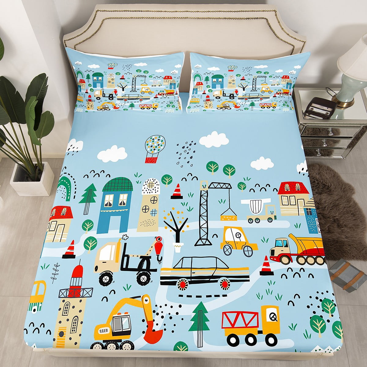 Erosebridal Cartoon Car Queen Sheet Set - 3Pcs Excavator Tractor Bedding For Boys, Reversible All Season - View #5