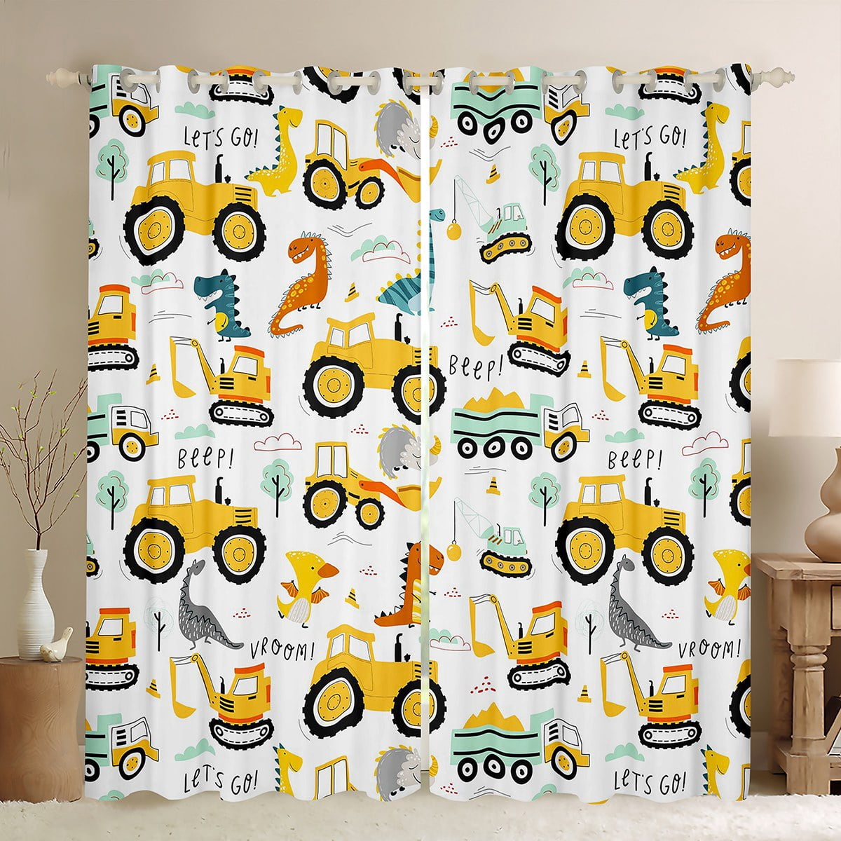 Cartoon car kids blackout curtains construction vehicles window