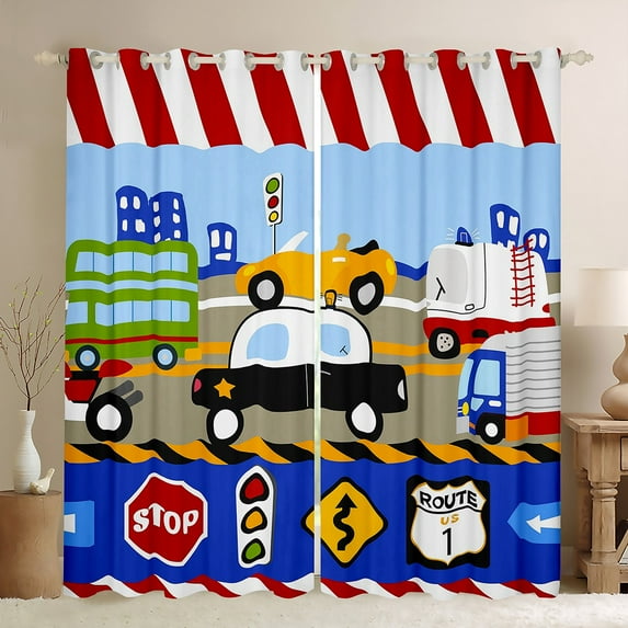 Cartoon Car 30%-50% Blackout Curtains Watercolor Police Car Bus Teen Curtains Bedroom Decor, Cute Automobile Red Blue Print Curtains & Drapes Traffic Transportaion Road Window Curtains 52Wx84L
