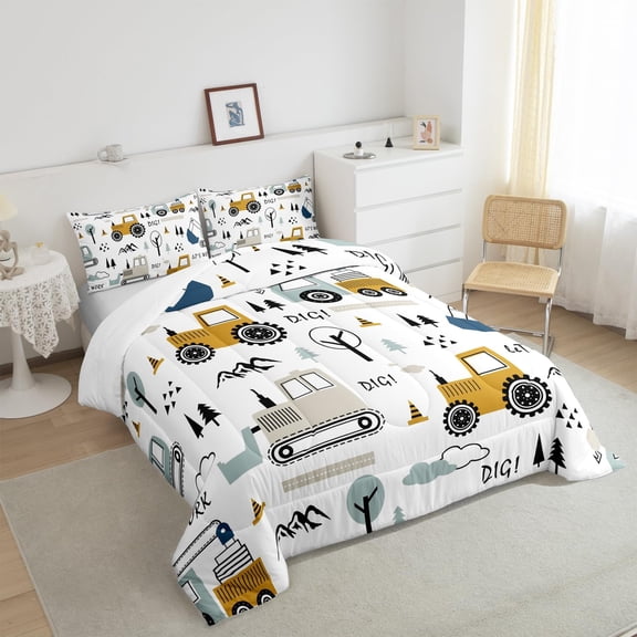 Cartoon Car Kids Comforter Set Construction Bedding Set for Boys Toddler Decor Equipment Trucks Comforter Cartoon Car Excavator Tractor White Yellow Duvet Set Bedroom Quilt Set 3Pcs Full