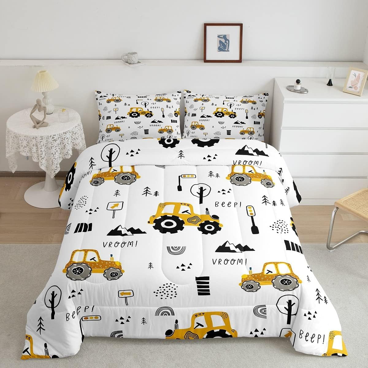 Cartoon Car Kids Comforter Set Twin Tractor Bedding Set,Cute Yellow