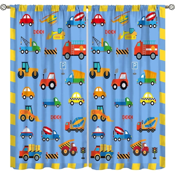 Cartoon Car Kids Curtains, Boys Construction Vehicles Trucks Window Treatments for Bedroom Nursery, Transportations Alphabet Drapes 42"W x 63"L (Pack of 2)