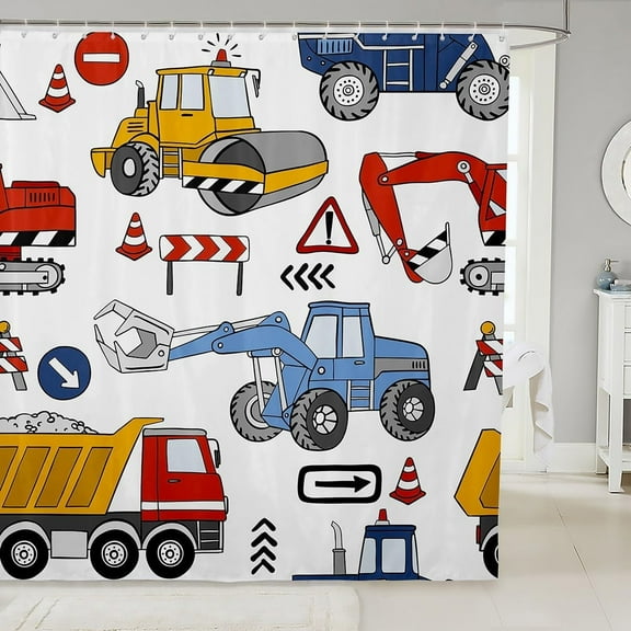 Cartoon Car Kids Shower Curtain Excavator Tractor Truck Bathroom Curtain for Boys Teens Bathtub Decor Red Blue Red Building Construction Vehicles Waterproof Curtain Soft White Bath Curtain,72"Wx72"L
