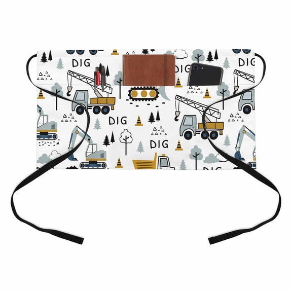 Cartoon Car Kitchen Restaurant Half Waist Apron, DIG Letter Cute Excavator Equipment Trucks Small Tree Server Short Apron with 3 Pockets Waterproof Oil Waist Aprons for Women Waitress Waiter