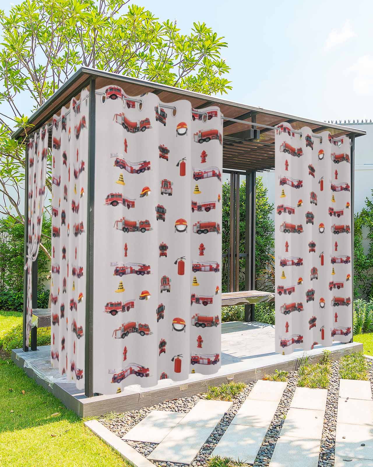 Cartoon Car Outdoor Curtains for Patio, Funny Red Black Fire Truck Print Vintage Privacy Drapes Grommet Waterproof Outside Curtains for Porch/Cabana/Balcony 54"x 108", 2 Panel