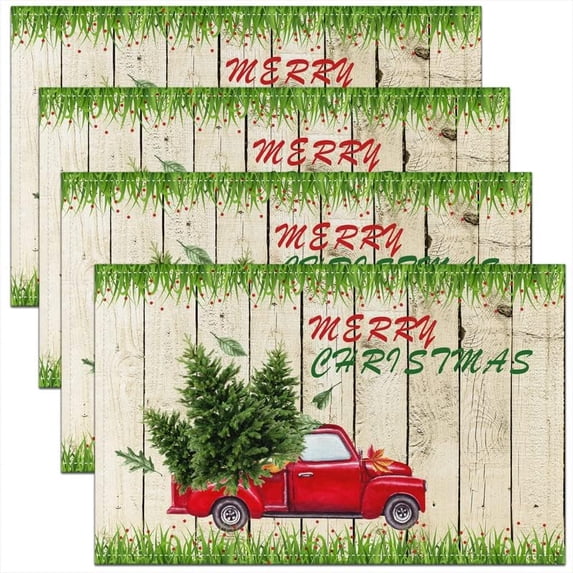 Cartoon Car Placemats Set of 4, Merry Christmas Tree Placemats for Dining Table, Xmas Rustic Wooden Decor Washable Fabric Decoration Table Mats Placemat 18"x12"