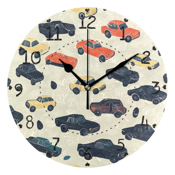 Cartoon Car Round Wall Clock Silent Battery Operated Home Decor for Living Room Bedroom