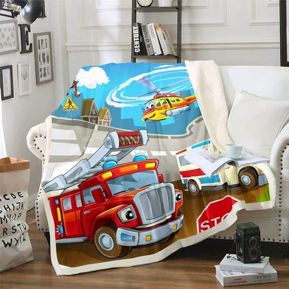 Cartoon Car Sherpa Blanket Fire Truck Ambulance Fleece Throw Blanket for Kids Boys Girls Fire Rescue Firefighter Plush Blanket Urgent Assistance Fuzzy Blanket for Sofa Bed Couch Baby