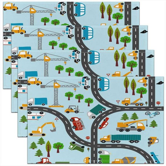 Cartoon Car Table Place Mats Set of 4 Kids Construction Fabric Table Mats Placemat Downtown Road Scence Placemats for Dining Table BedFire Truck Placemats 18"x12"