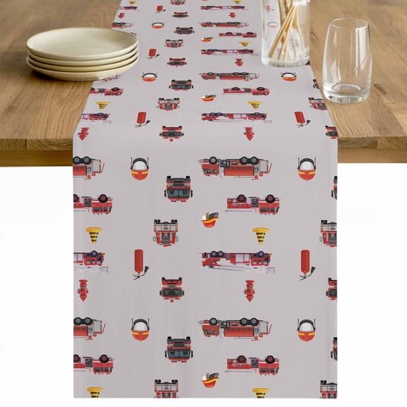 Cartoon Car Table Runner 36 Inches Long Farmhouse Dress Scarves, Funny Red Black Fire Truck Print Vintage Dining Tablerunner for Coffee Table/Kitchen Island/Party Décor, Small 13" x 36"