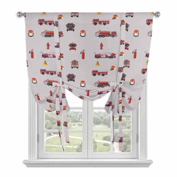 Cartoon Car Tie Up Curtains for Windows, Adjustable Balloon Window Shades, Funny Red Black Fire Truck Print Vintage Kitchen Window Treatments Farmhouse Short Curtains with Rod Pocket 42"x45"