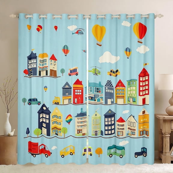 Cartoon Car Window Curtain for Boys Girls,Modern City Building Truck Van Curtains,Colorful Aircraft Hot Air Balloon Blackout Window Treatment Blue Transportation Vehicle Window Drapes
