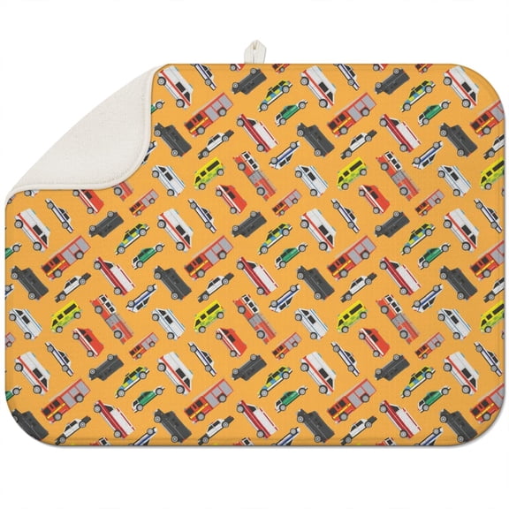 Cartoon Car and Excavator Coffee Mat – Durable Microfiber Spill Mat with Construction Vehicle Designs, Fast Drying Dish Drying Pad for Boys and Kids