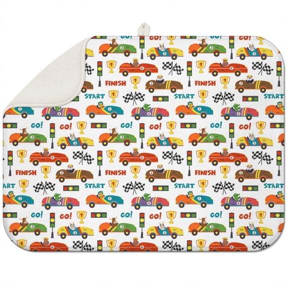 Cartoon Car and Excavator Coffee Mat – Durable Microfiber Spill Mat with Construction Vehicle Designs, Fast Drying Dish Drying Pad for Boys and Kids