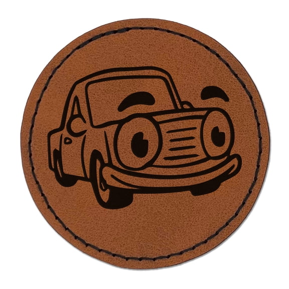 Cartoon Car with Face 2.5" Faux Leather Round Engraved Iron-On Patch - Brown