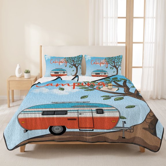 Cartoon Caravan Summer Forest 3 Pieces Quilt Set,1 Quilt with 2 Shams,Let's Go Camping Quote Bedspread Soft Lightweight Bedding Coverlet Comforter Set for All Season 96"x106"