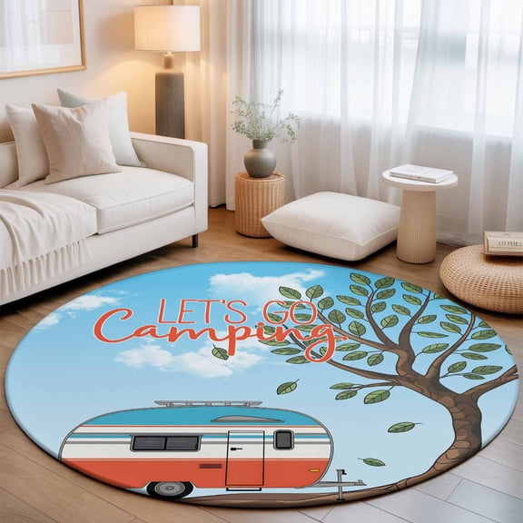 Cartoon Caravan Summer Forest Round Rug 5ft Let's Go Camping Quote Washable Area Rugs for Living Room Bedroom Entryway Non Slip Entrance Door Mat Indoor Floor Carpet