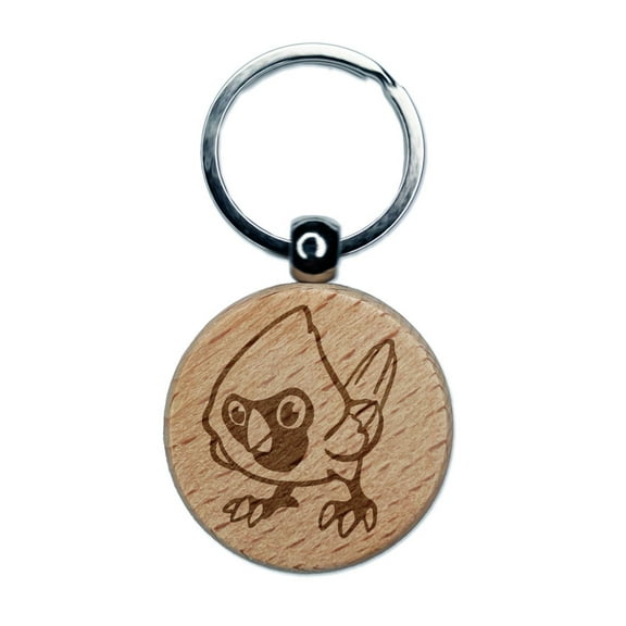 Cartoon Cardinal Bird Curious Engraved Wood Round Keychain Tag Charm