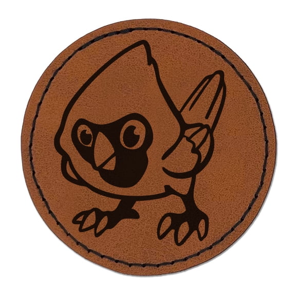 Cartoon Cardinal Bird Curious Round Iron-On Engraved Faux Leather Patch Applique - 2.5 Inch - Brown
