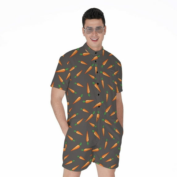 Cartoon Carrot Pattern Short Sleeve Men'S Rompers, Carrot Farming Planter Casual Summer Jumpsuits Outfit
