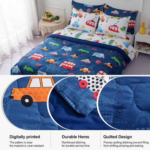 Cartoon Cars Comforter Set Bed in A Bag Full Size Colorful Cars Bus Van Traffic Lights Bedding Set for Boys Kids