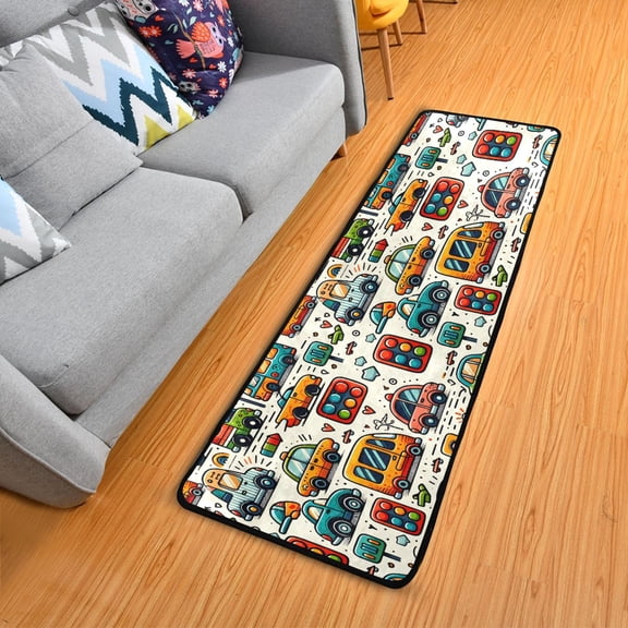 Cartoon Cars Indicator Roadsign Hallway Runner Rug 2'X6' Non-Slip Washable Carpet Runner Kitchen Entryway Laundry Bedroom