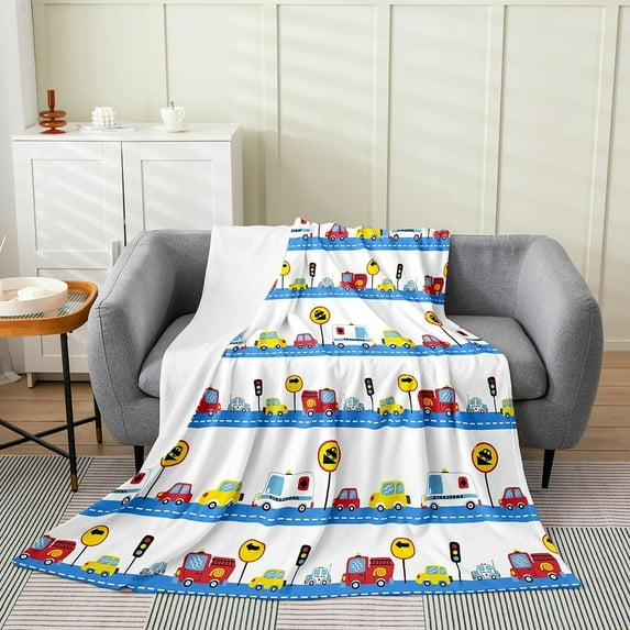 Cartoon Cars Plush Throw Blanket, Vehicle All Season,Blanket for Sofa Couch Kids Kawaii Traffic Lights Flannel Fleece Blanket Car Themed White Blue Bedroom Baby 30"x40"