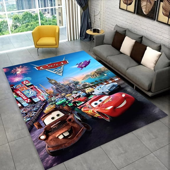 Cartoon Cars Printed Carpet, Lightning Cars Durable Washable Cute Cartoon Floor Rug for Entryway, Living Room, or Bathroom, Non-Slip Doormat 48x72 inches