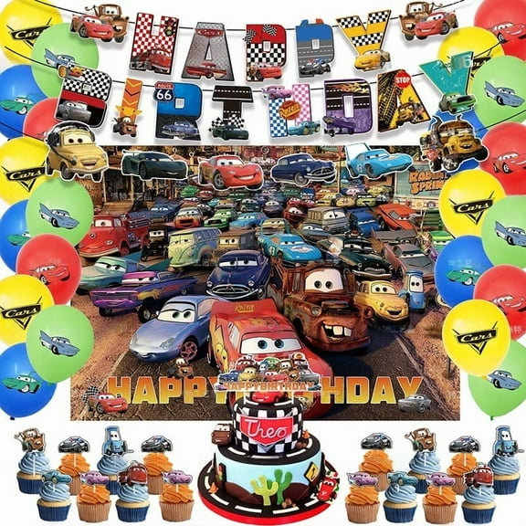 Cartoon Cars theme birthday party supplies decorations, including birthday banners, backdrops, balloons, hanging swirls, cake toppers, suitable for boys and girls