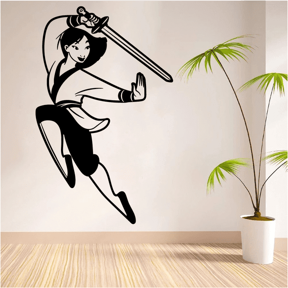 Cartoon Cartoon Character Mulan And Sword Jian Cute Silhouette Wall Sticker Design For Kids Boys Girls Room Bedroom Fun Wall Home Decal Design Stickers Wall Art Vinyl Decoration Size (20x20 inch)